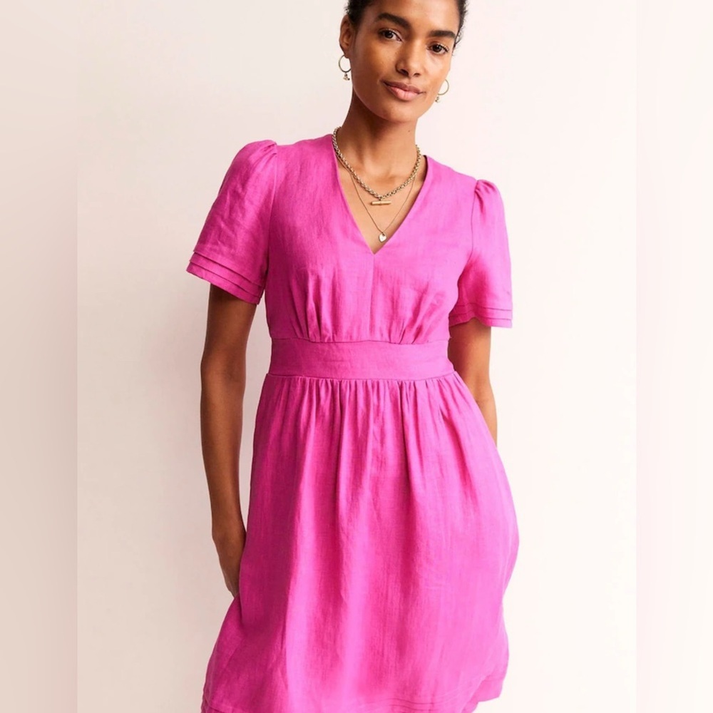 Boden Hot Pink V-Neck Puff Sleeve Linen Dress